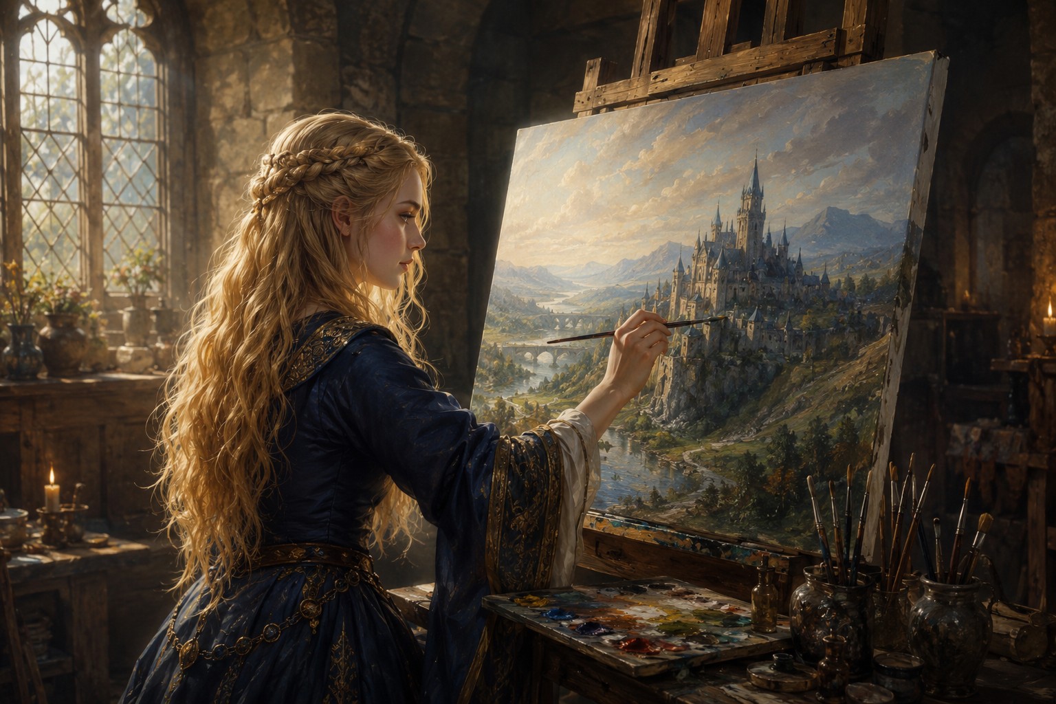 Artiste peignant un château sur une toile dans son atelier
