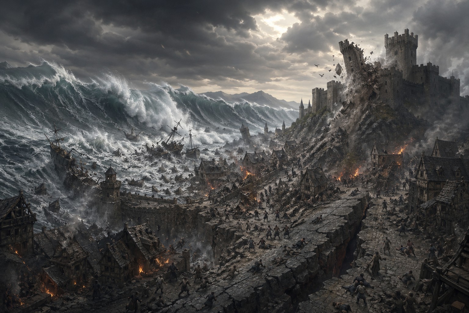 Une cité détruite par les séismes et des vagues gigantesques