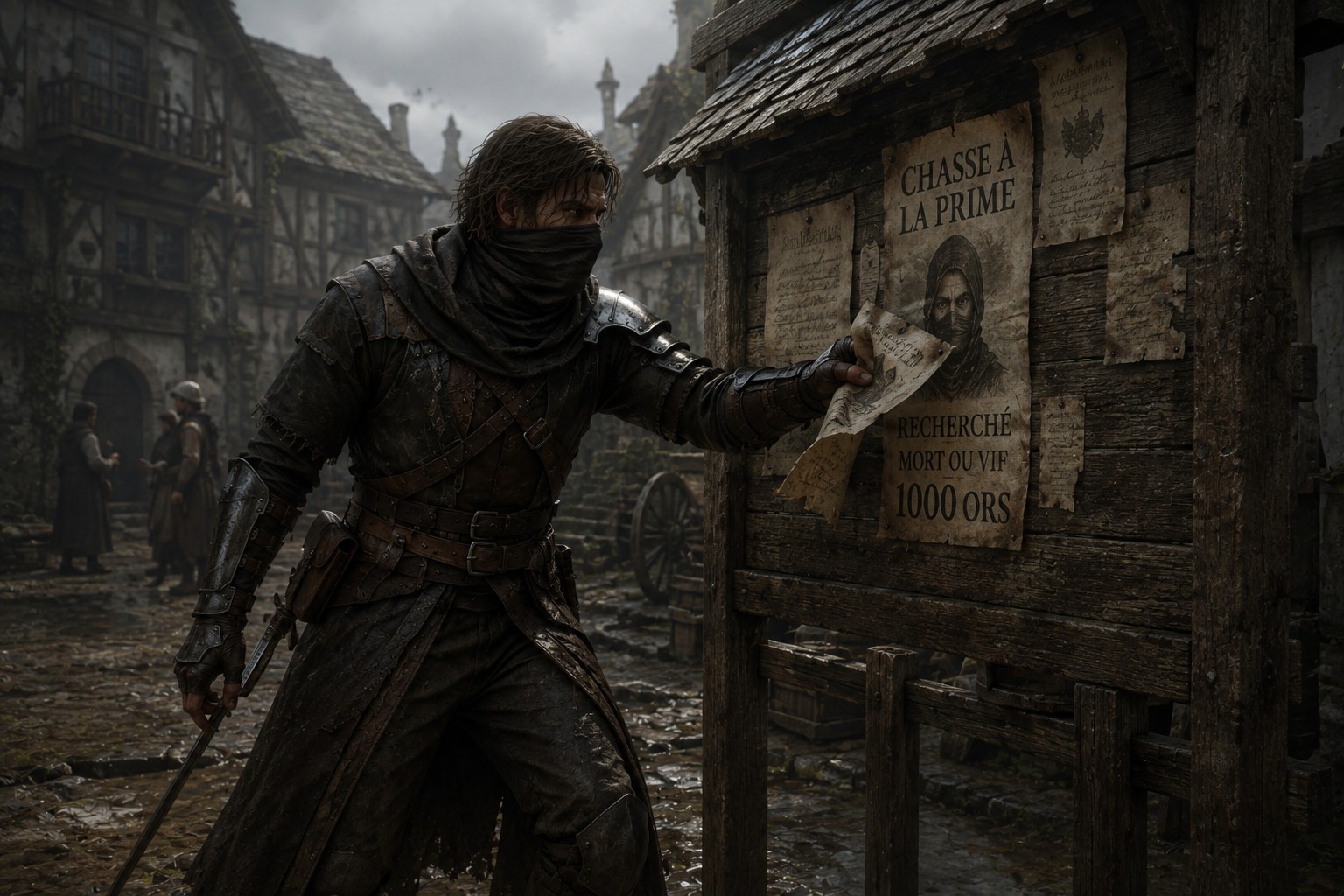 Mercenaire consultant une affiche de chasse à la prime