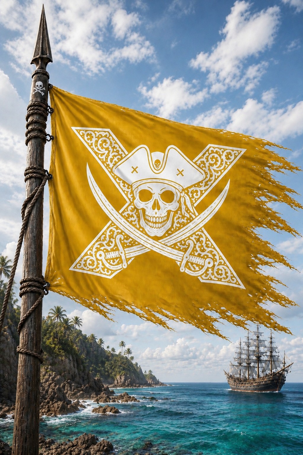 Bannière jaune de Nerethis face à un navire pirate