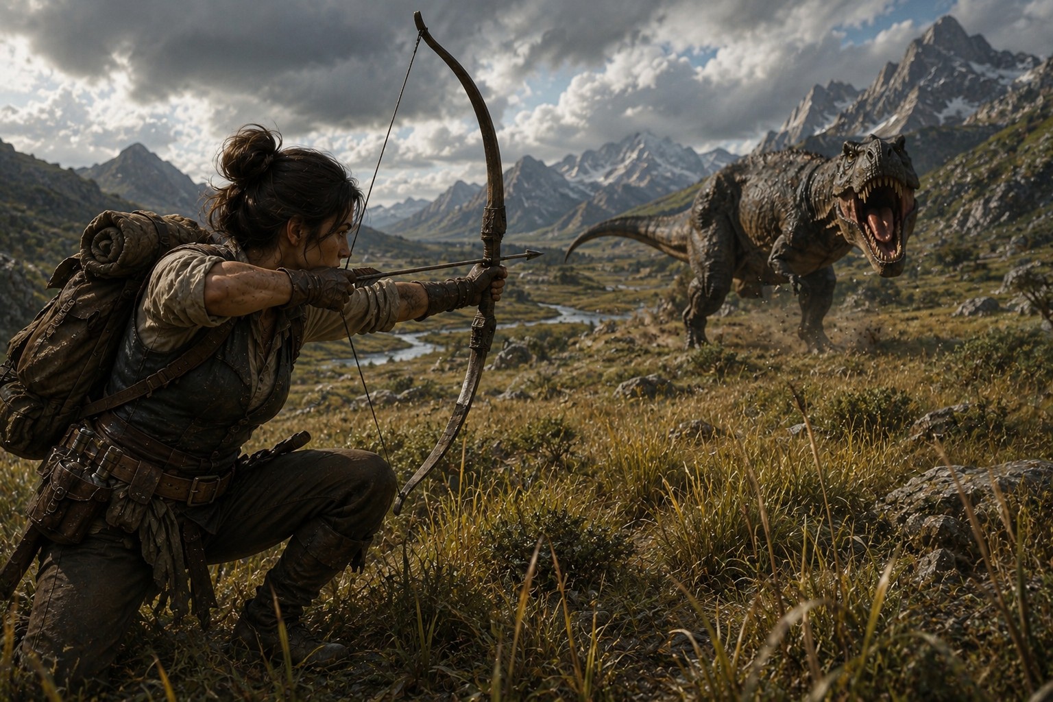 Chasseuse visant un grand dinosaure à l’arc