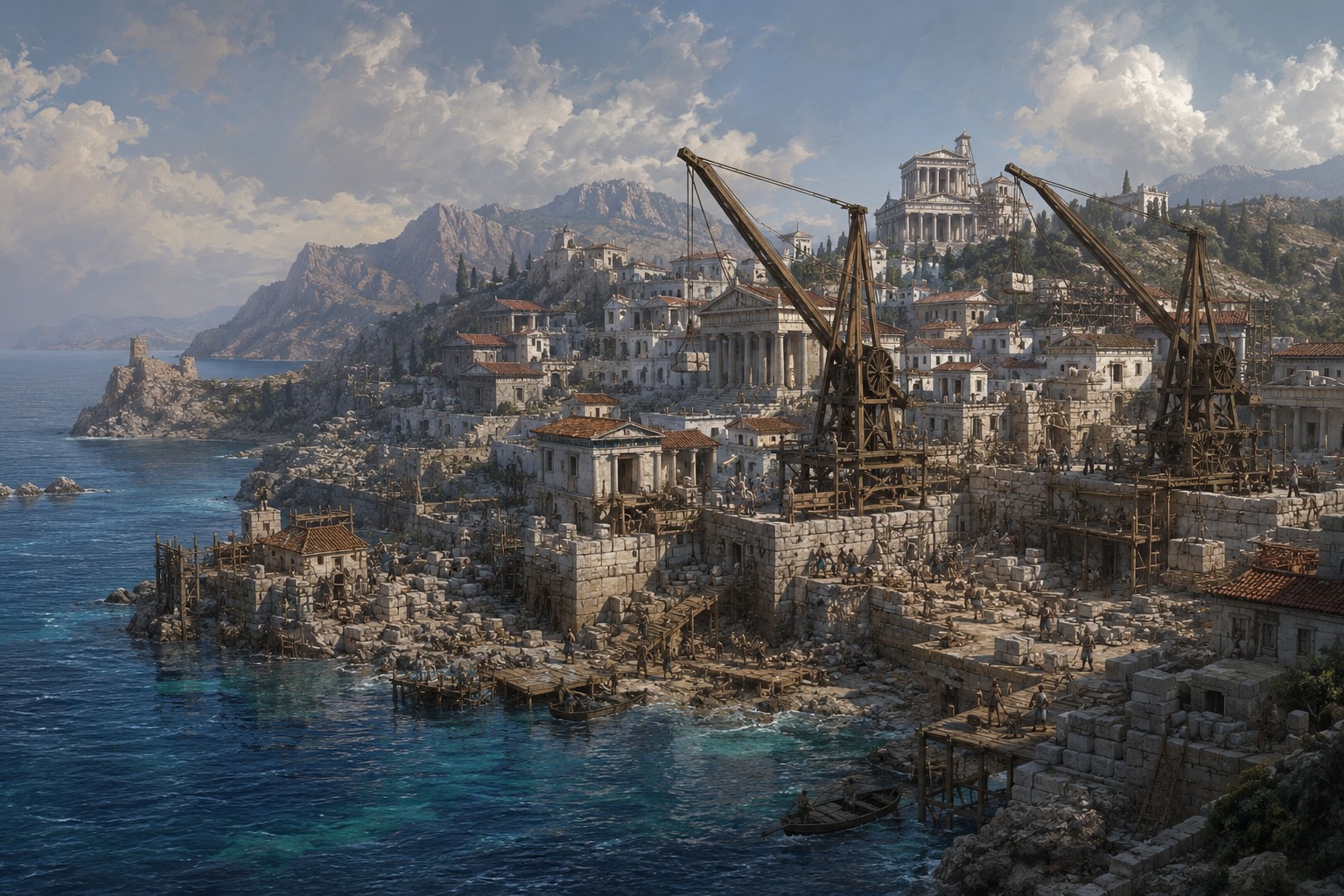 Les ouvriers d’Erythros bâtissent la capitale côtière de Myrinthia