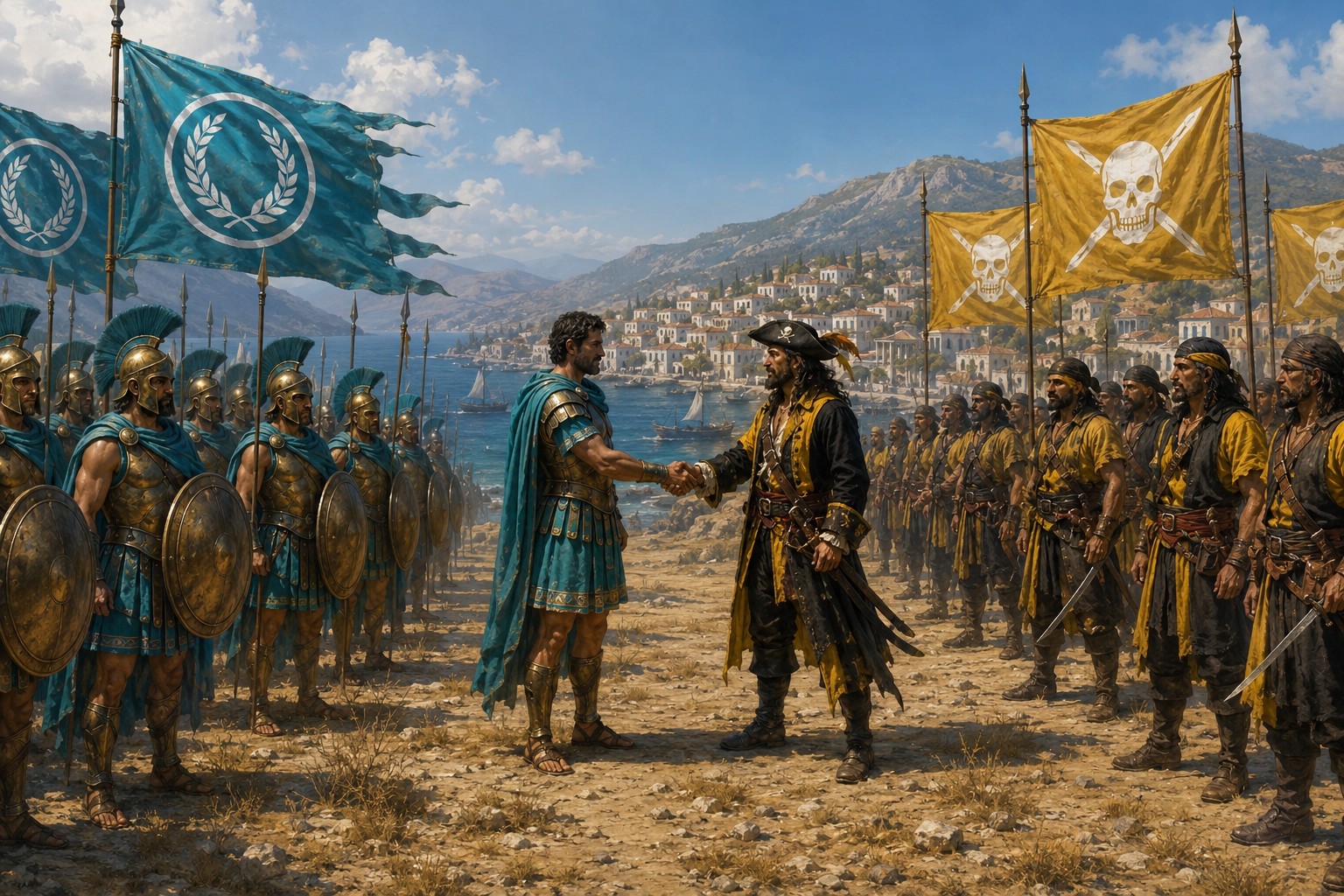 Un représentant d’Erythros conclut les accords d’Artalos avec un capitaine de Nerethis