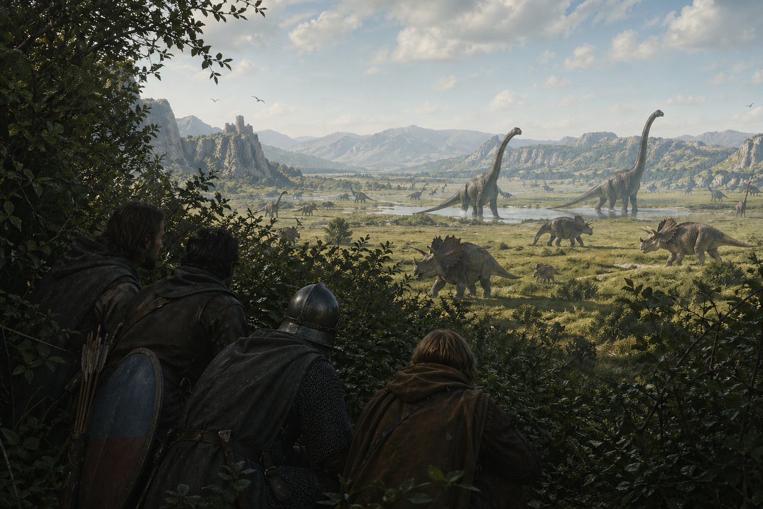 Des survivants observent des dinosaures dans une vaste plaine