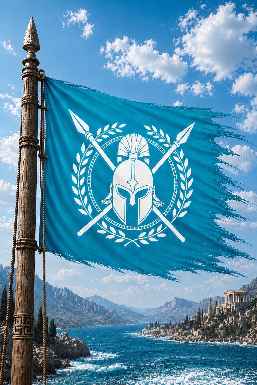 Bannière cyan de la République d’Erythros au-dessus de la mer d’Azur