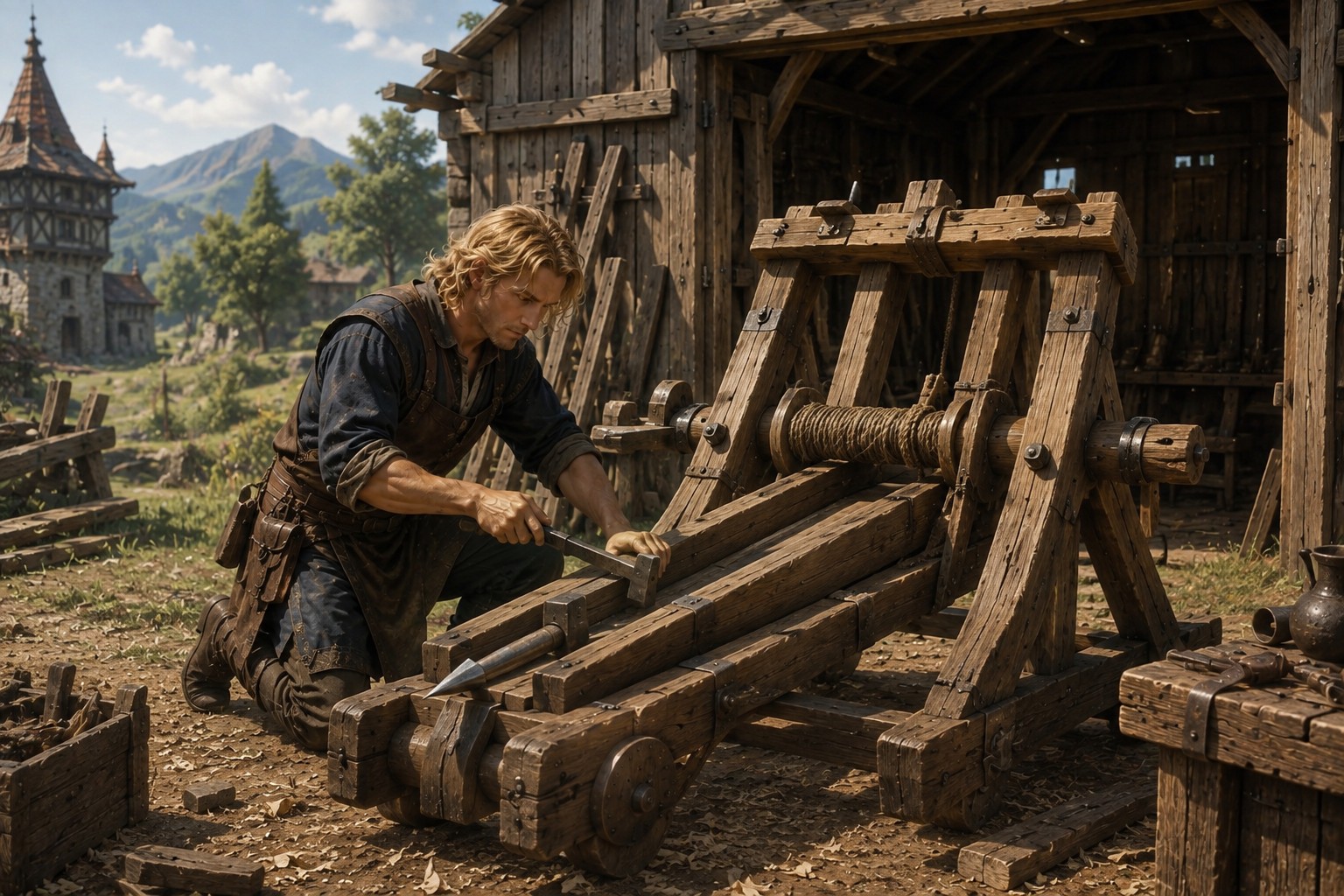 Ingénieur construisant une machine de siège en bois