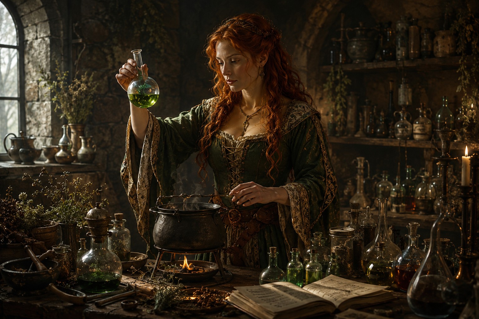 Alchimiste préparant une potion verte dans un laboratoire