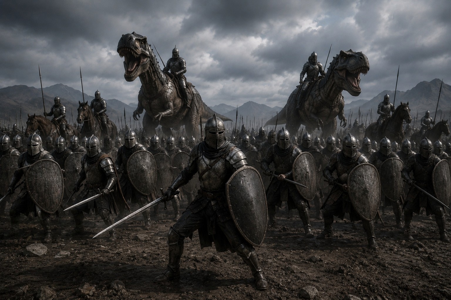 Armée médiévale accompagnée de cavaliers et de dinosaures