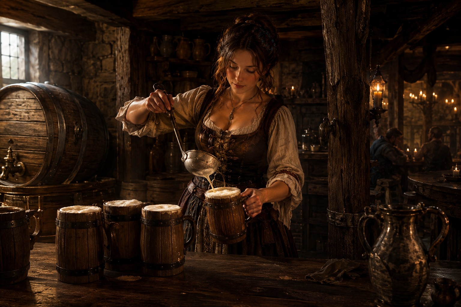 Tavernière servant des chopes dans une auberge médiévale