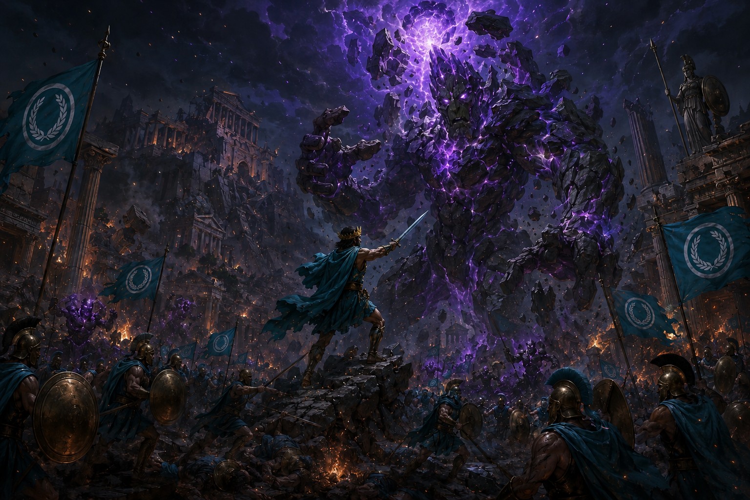 Les défenseurs de Myrinthia affrontent un gigantesque colosse de pierre violette