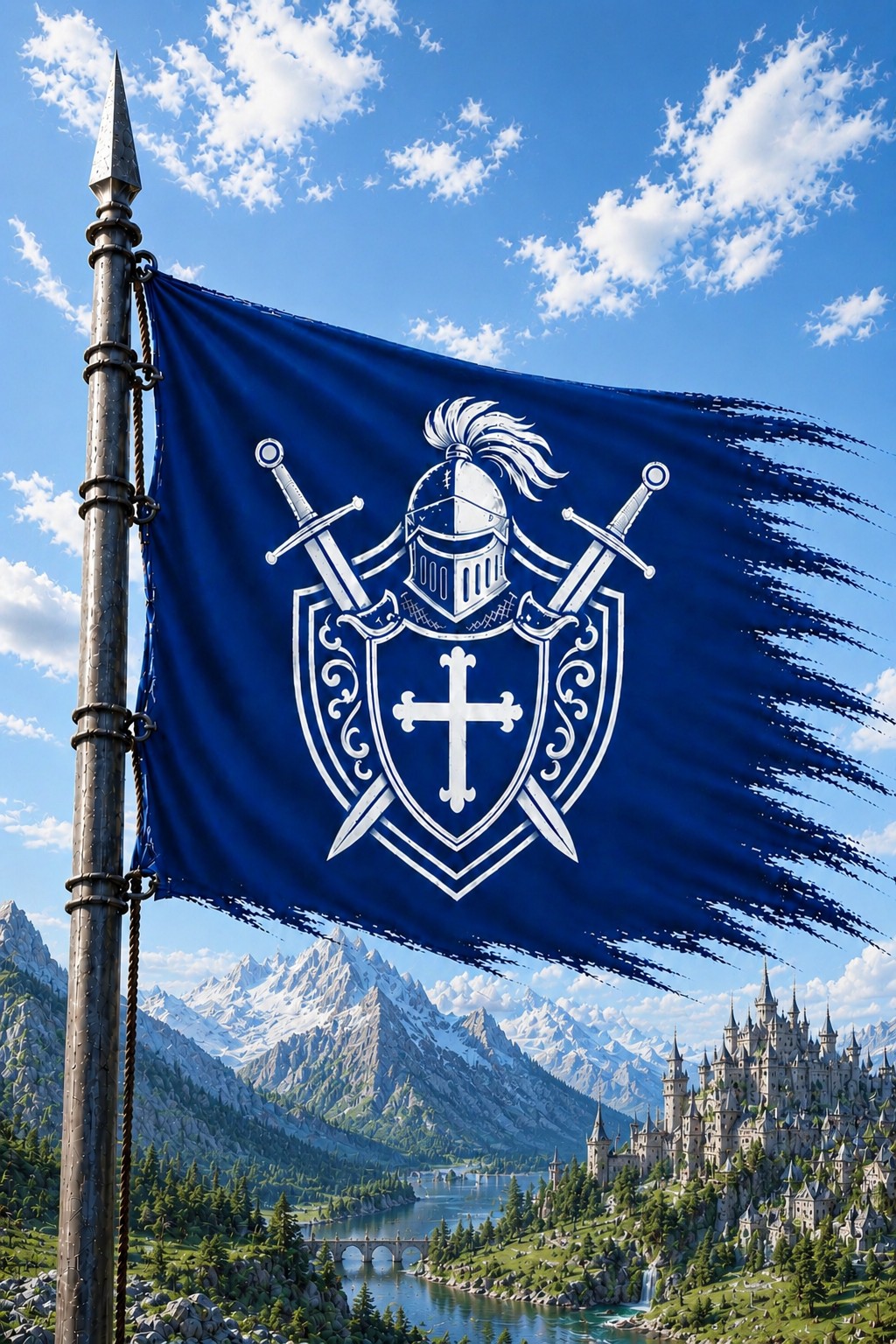 Bannière bleue de Vanloria au-dessus de ses terres