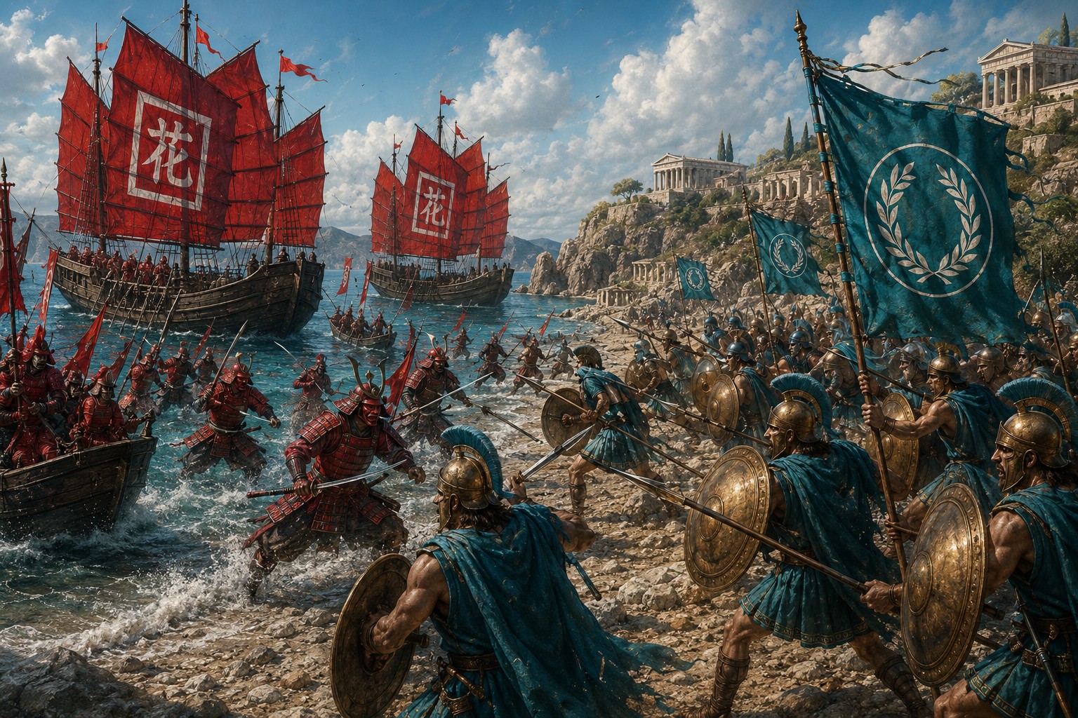 Les hoplites d’Erythros affrontent les armées de Shintai sur une côte orientale