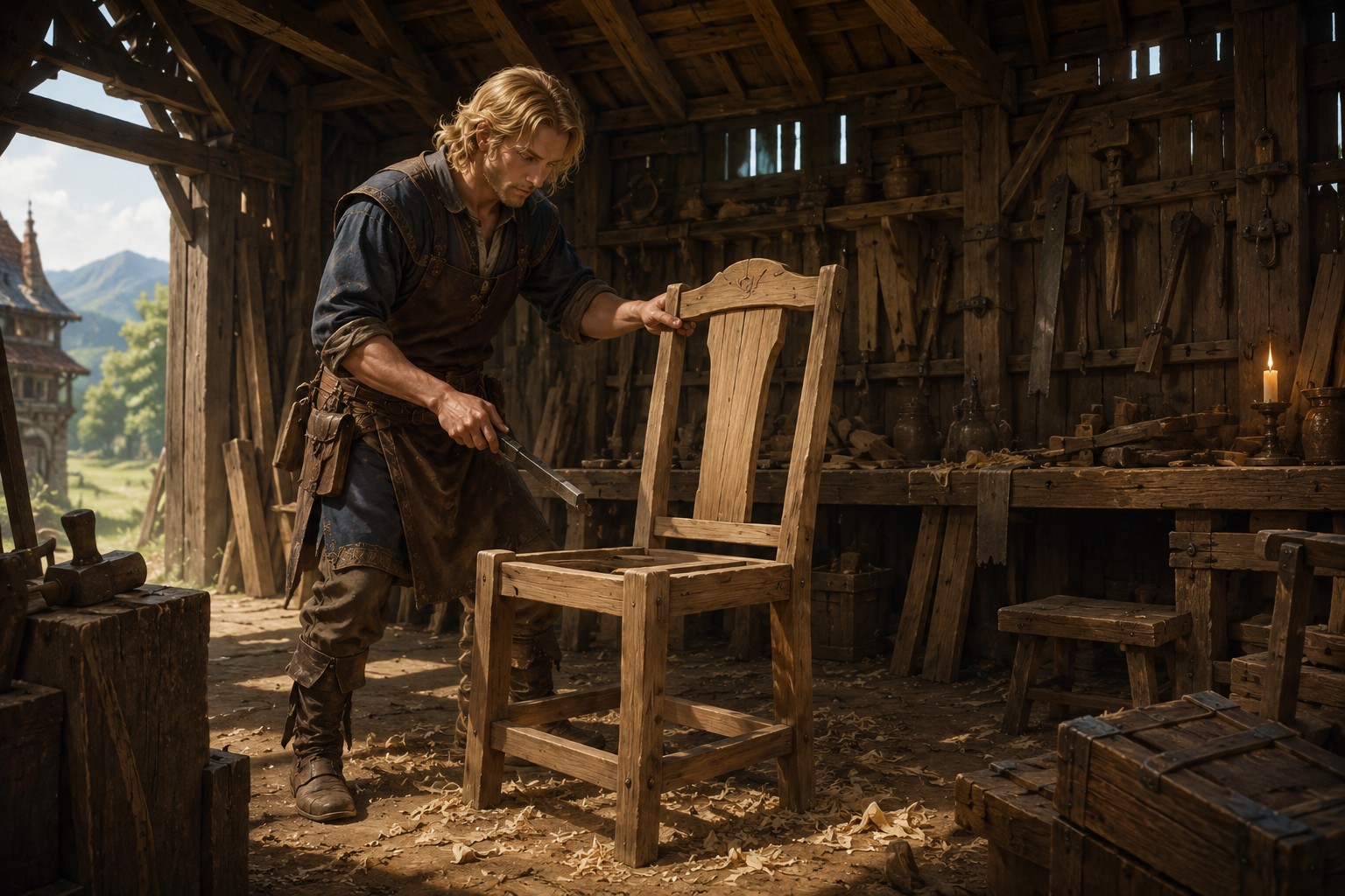 Menuisier façonnant une chaise en bois dans son atelier