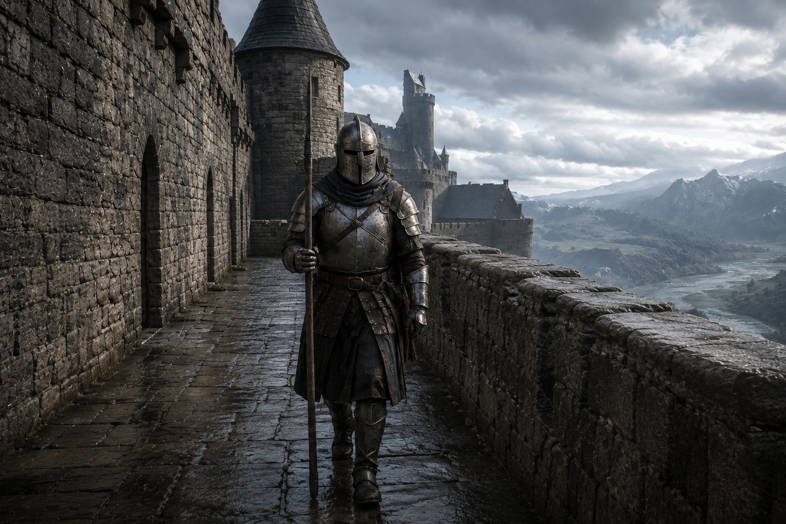 Garde en armure patrouillant sur les remparts d’une forteresse