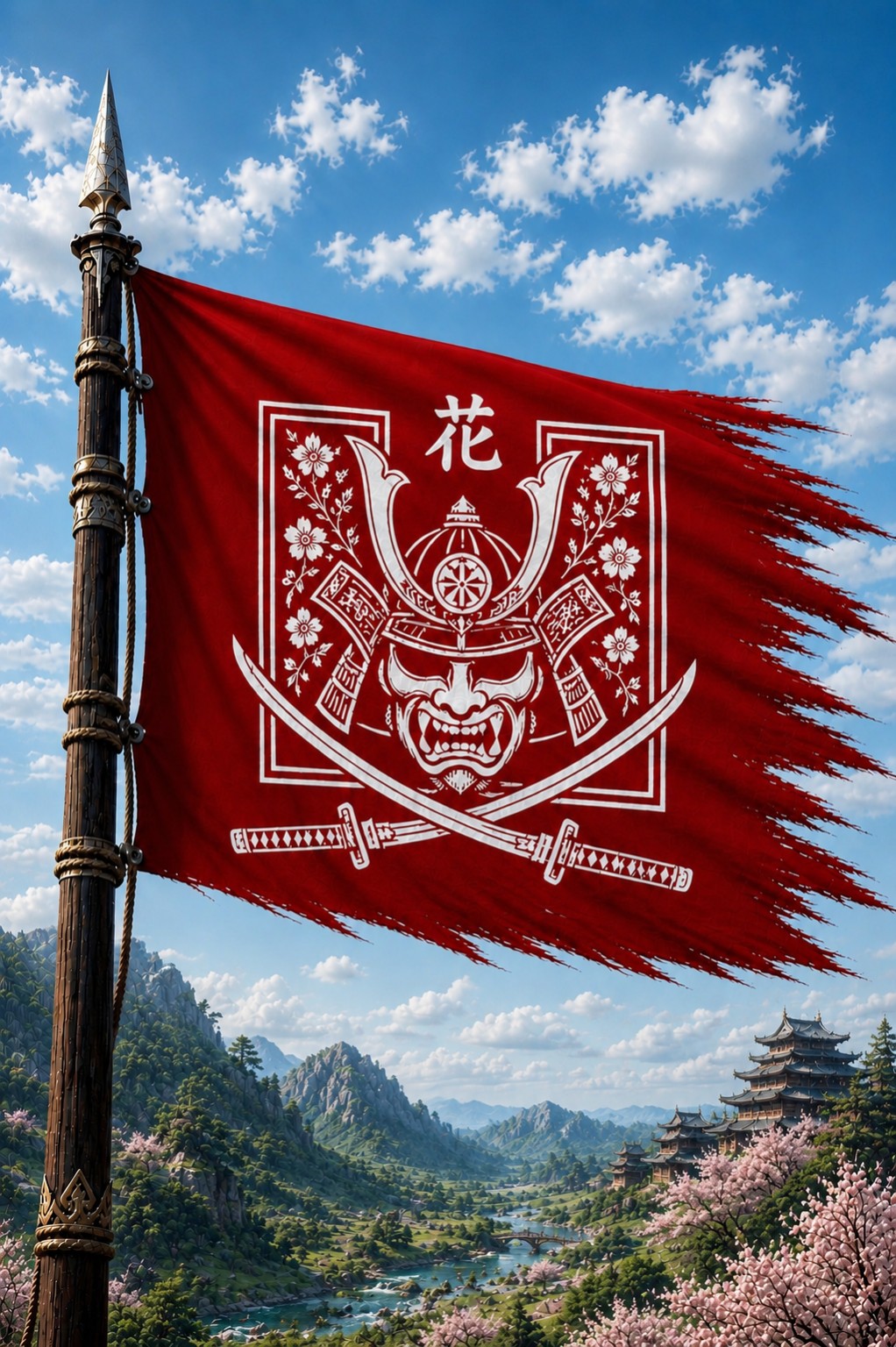 Bannière rouge de Shintai au-dessus d’une vallée de temples